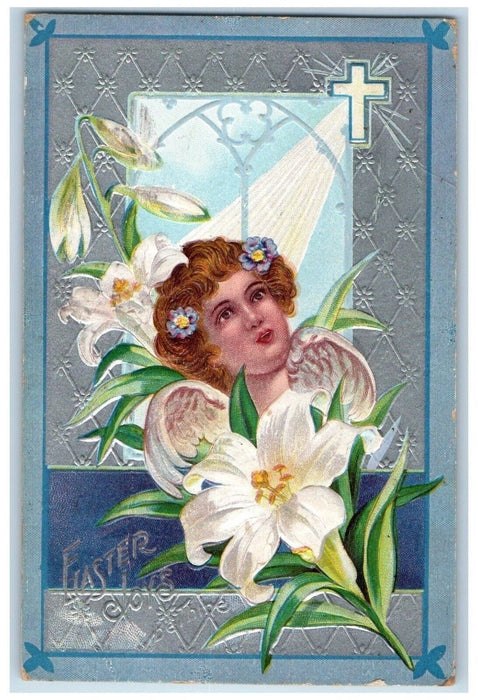 1910 Easter Holy Cross Angel Head Lilies Flowers Winsch Back Dubuque IA Postcard