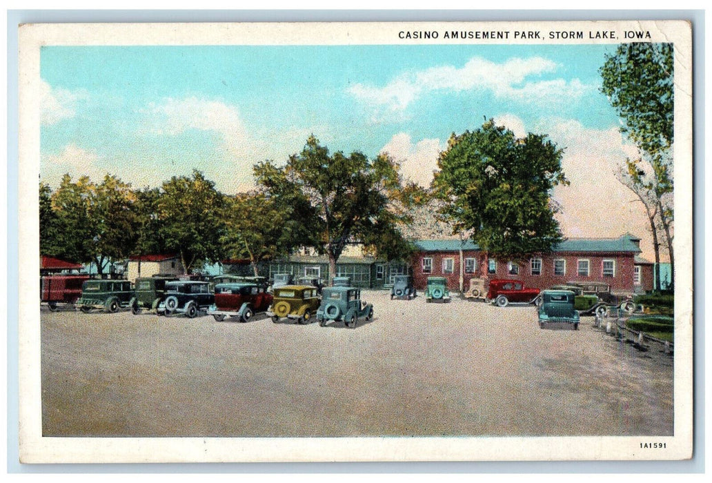 Casino Amusement Park Car-lined Tree-lined Scene Storm Lake Iowa IA Postcard