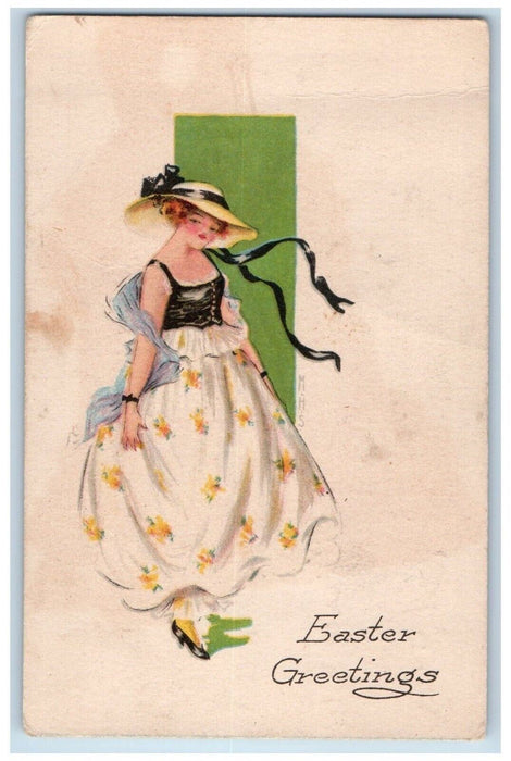 c1910's Easter Greetings Pretty Woman Big Hat Gibson Brighton Iowa IA Postcard