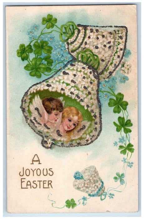 c1910's Easter Ringing Bells Covered Flowers Angel Head Clover Embossed Postcard