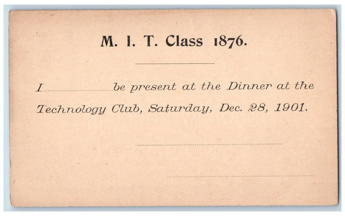 1901 M.I.T Class Technology Club Dinner Frank W Hodgdon Boston MA Postal Card