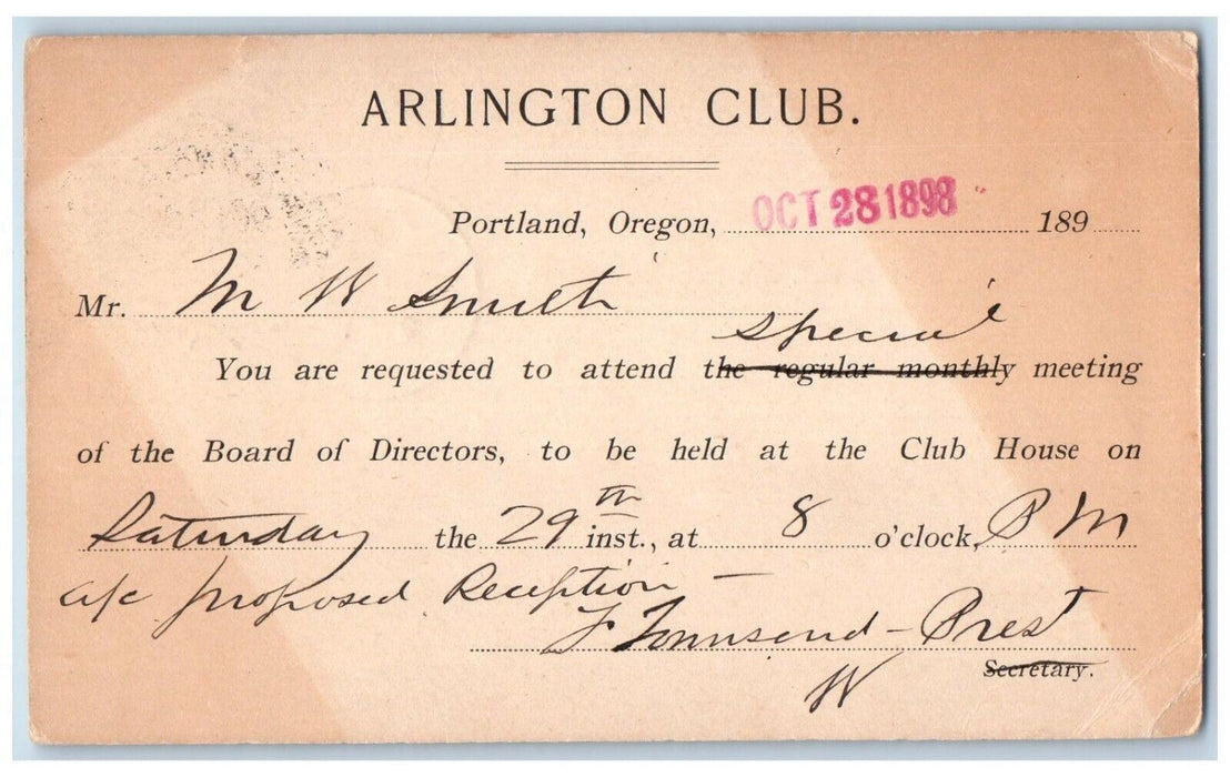 1898 Arlington Club Board of Directors Meeting Portland OR Postal Card
