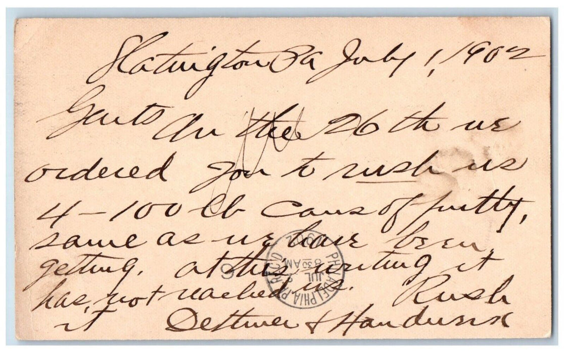 1902 Ordering Letter Geo D Netheull & Co. Slatington Philadelphia PA Postal Card