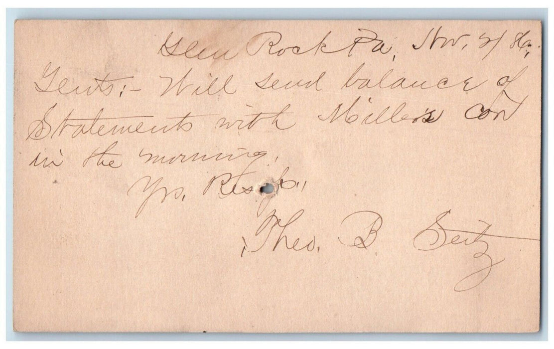 1896 Will Send Balance of Statements Glen Rock PA Baltimore MD Postal Card