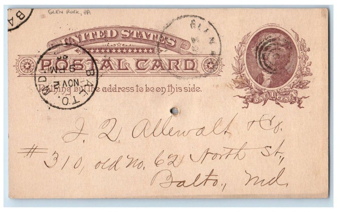 1896 Will Send Balance of Statements Glen Rock PA Baltimore MD Postal Card