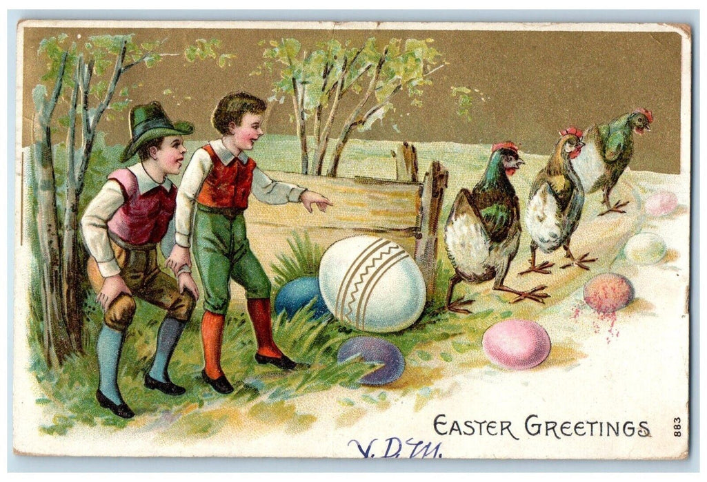 1907 Easter Greetings Boys Chicken Hen Lays Eggs Embossed Antique Postcard