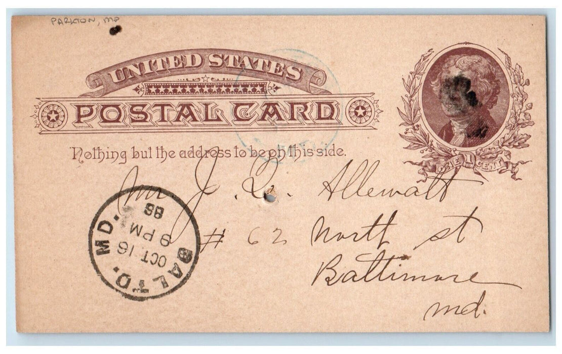 1896 Ten Tons of Feed J Allewatt Parkton MD Baltimore MD Postal Card