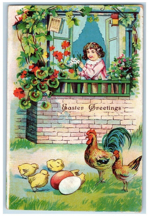 c1910's Easter Greetings Woman On Window Flowers Chicken Hen Eggs Postcard