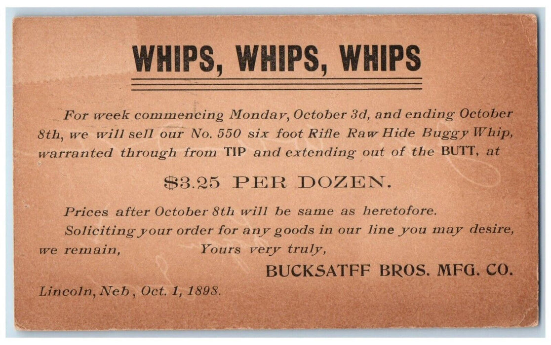 1898 Whips Whips Whips Bucksatff Bros Mfg Co. Lincoln NE Logan IA Postal Card