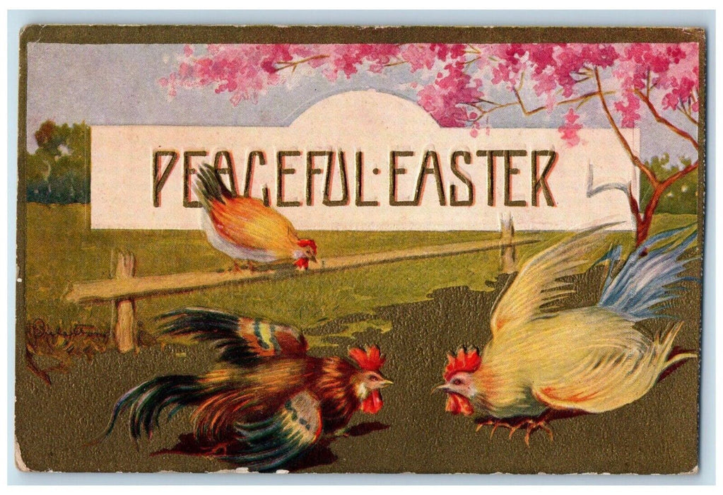 c1910's Peaceful Easter Rooster Chicken Hen Fighting Blossom Tree Postcard