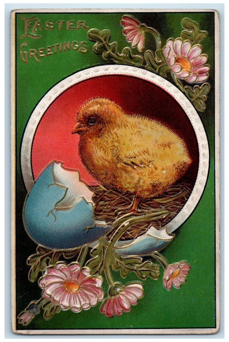 c1910's Easter Greetings Chick Hatched Egg Flowers Embossed Antique Postcard