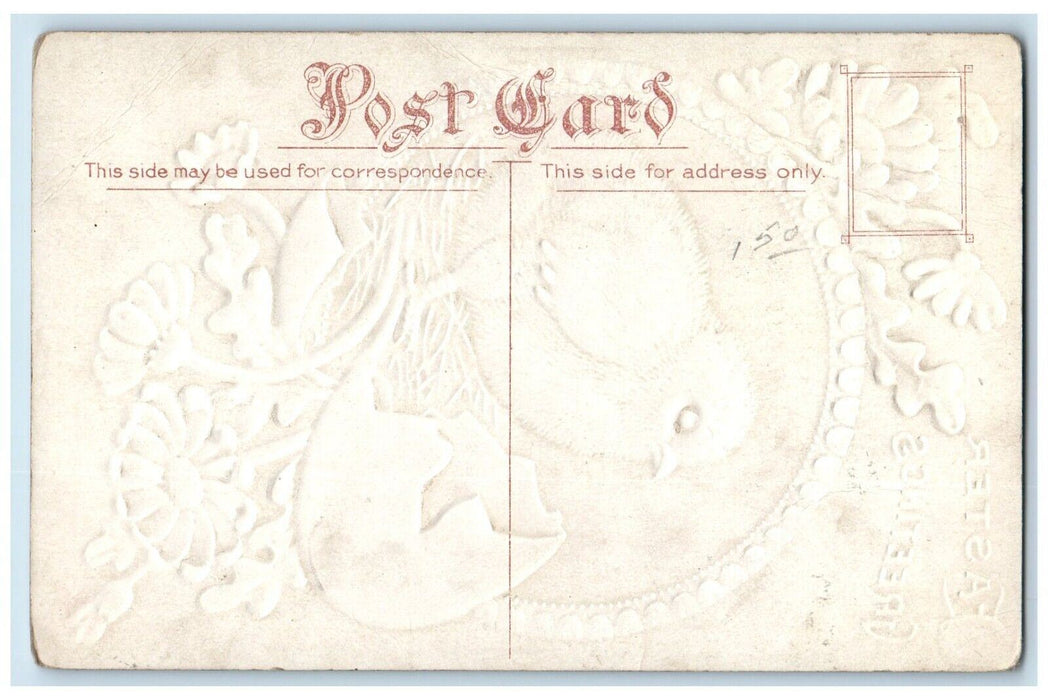 c1910's Easter Greetings Chick Hatched Egg Flowers Embossed Antique Postcard