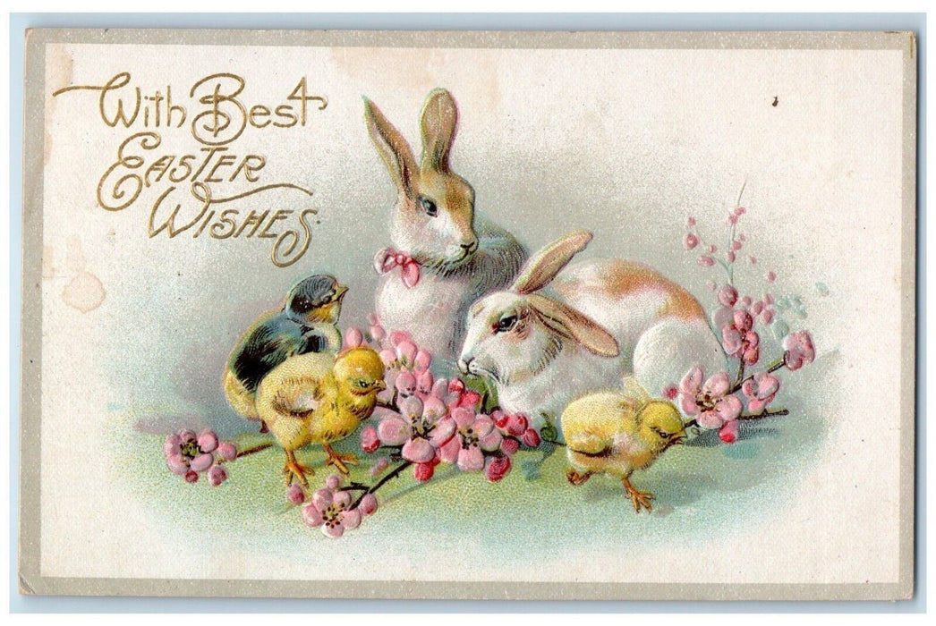 c1910's Easter Wishes Bunny Rabbit Chicks Pink Flowers Embossed Posted  Postcard