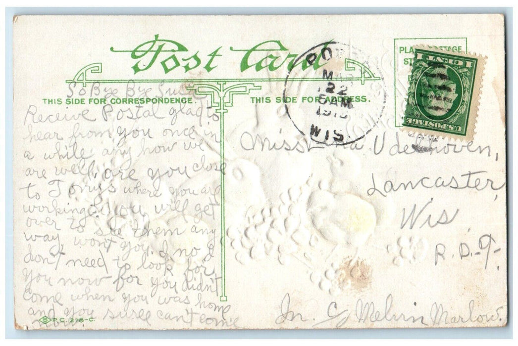 c1910's Easter Wishes Bunny Rabbit Chicks Pink Flowers Embossed Posted  Postcard