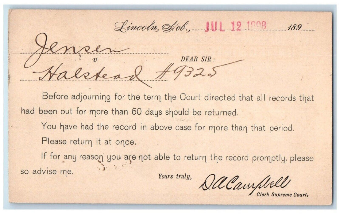 1898 DA Campbell Clerk Supreme Court Lincoln Nebraska NE Omaha NE Postal Card