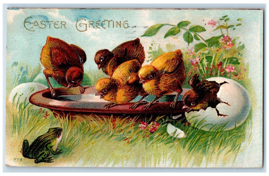 1910 Easter Greeting Chicks Hatched Egg Frog Embossed Kansas City MO Postcard