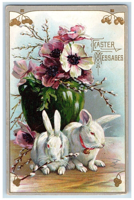 1911 Easter Rabbit Eating Pipe Berry Flower Vase Embossed Lancaster WI Postcard