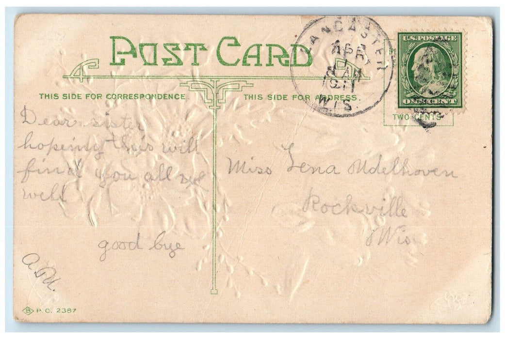 1911 Easter Rabbit Eating Pipe Berry Flower Vase Embossed Lancaster WI Postcard