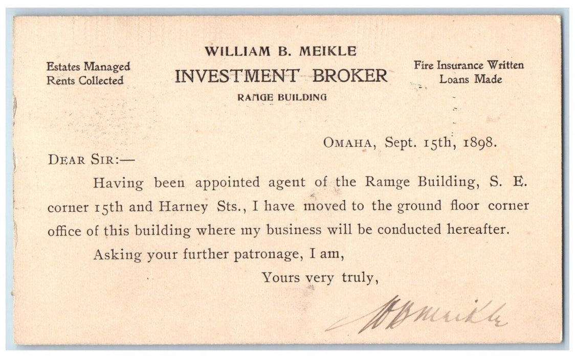1898 William B. Meikle Investment Broker Ramge Building Omaha NE Postal Card