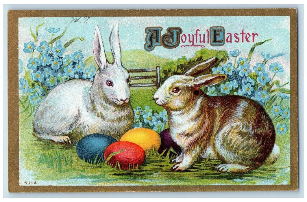 c1910's Easter Rabbit Eggs Pansies Flowers Fence Posted Antique Postcard