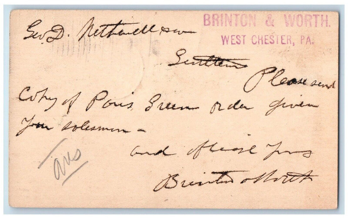 1900 Brinton & Worth Order West Chester PA Philadelphia PA PMC Postal Card