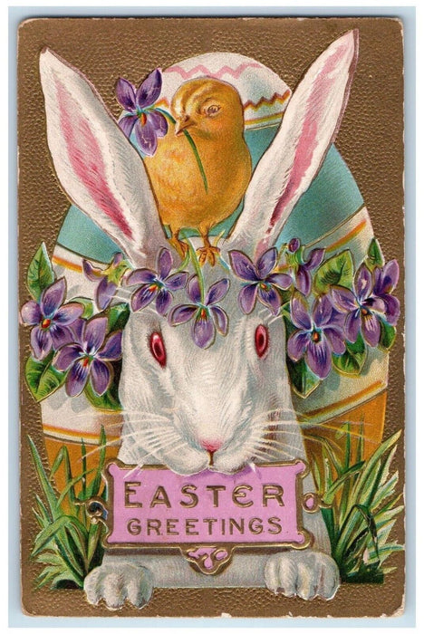 1909 Easter Greetings Rabbit Chick Giant Egg Pansies Flowers Embossed Postcard