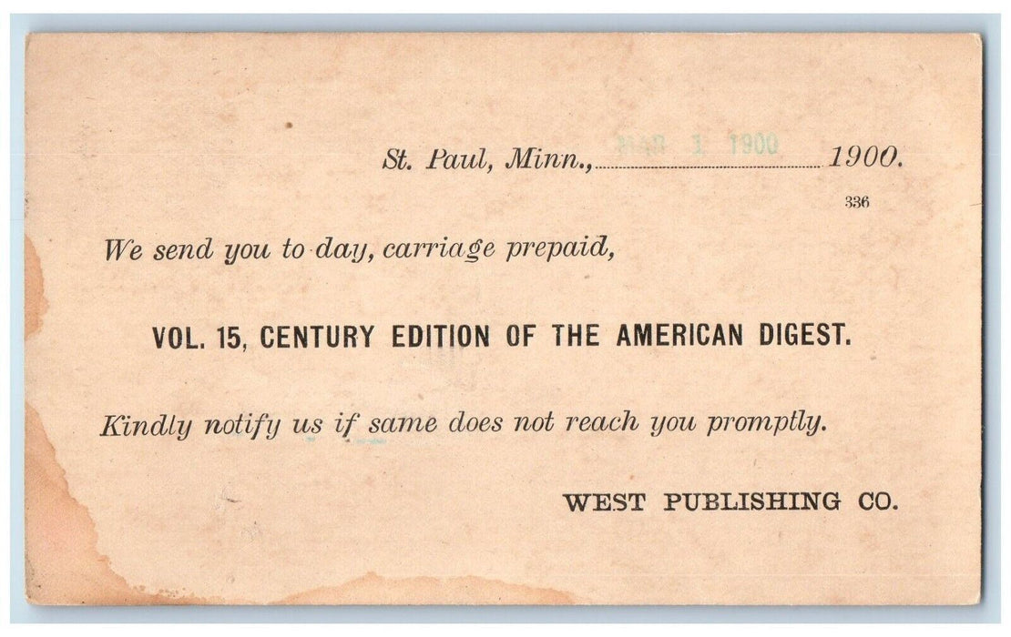 1900 Vol. 15 Century Edition of the American Digest St. Paul MN PMC Postal Card