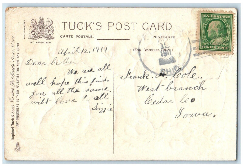 1911 Easter Greetings Hatched Eggs Chicks Pansies Flowers Tuck's Posted Postcard