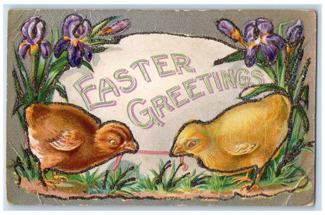 c1910's Easter Greetings Chicks Eating Worm Flowers Glitter Embossed Postcard