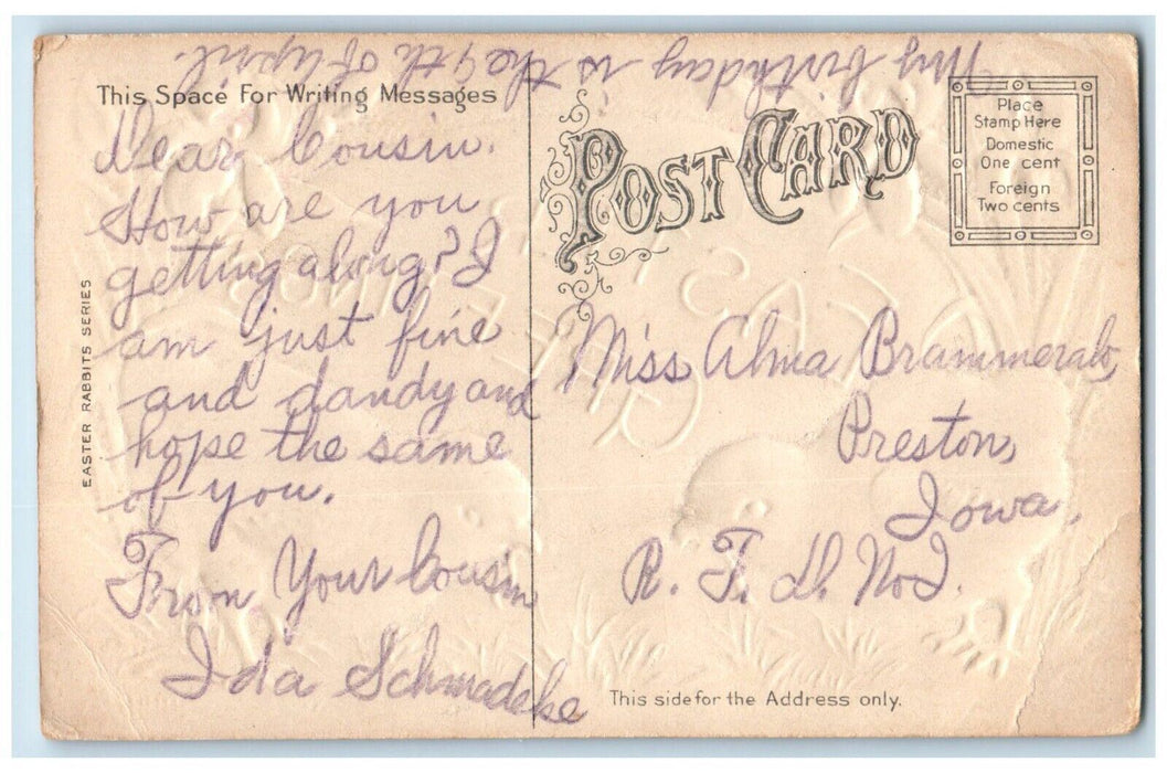 c1910's Easter Greetings Chicks Eating Worm Flowers Glitter Embossed Postcard