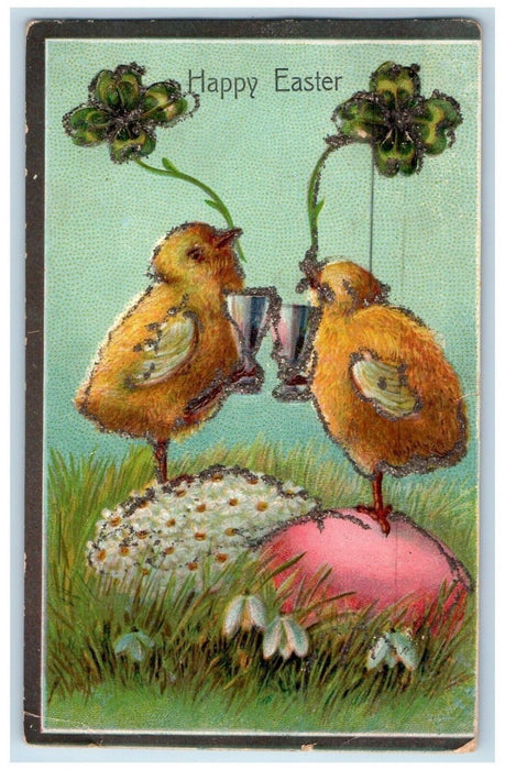 c1910's Happy Easter Chicks On Top Of Eggs Shamrock Glitter Embossed Postcard