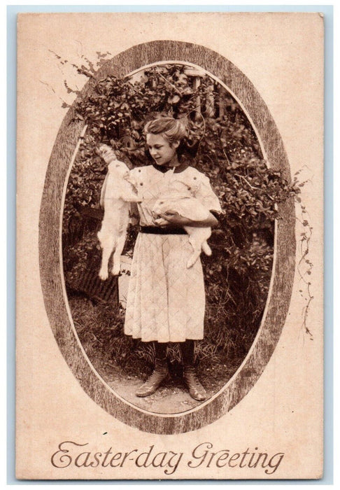 c1910's Easter Greeting Girl Cached Two Rabbit Unposted Antique Postcard