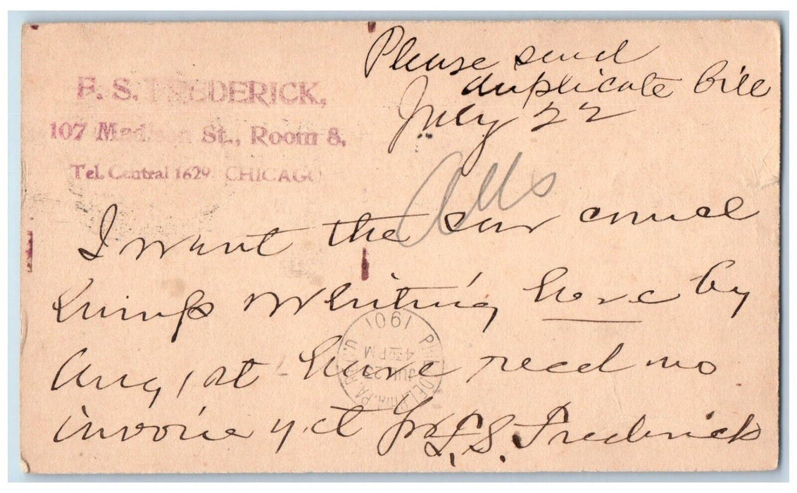 1901 F.S. Frederick Madison St. Chicago IL Philadelphia PA PMC Postal Card