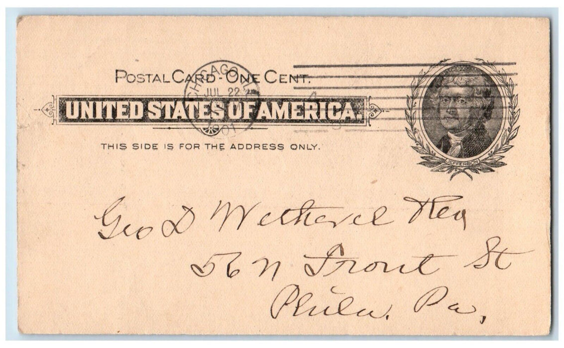 1901 F.S. Frederick Madison St. Chicago IL Philadelphia PA PMC Postal Card