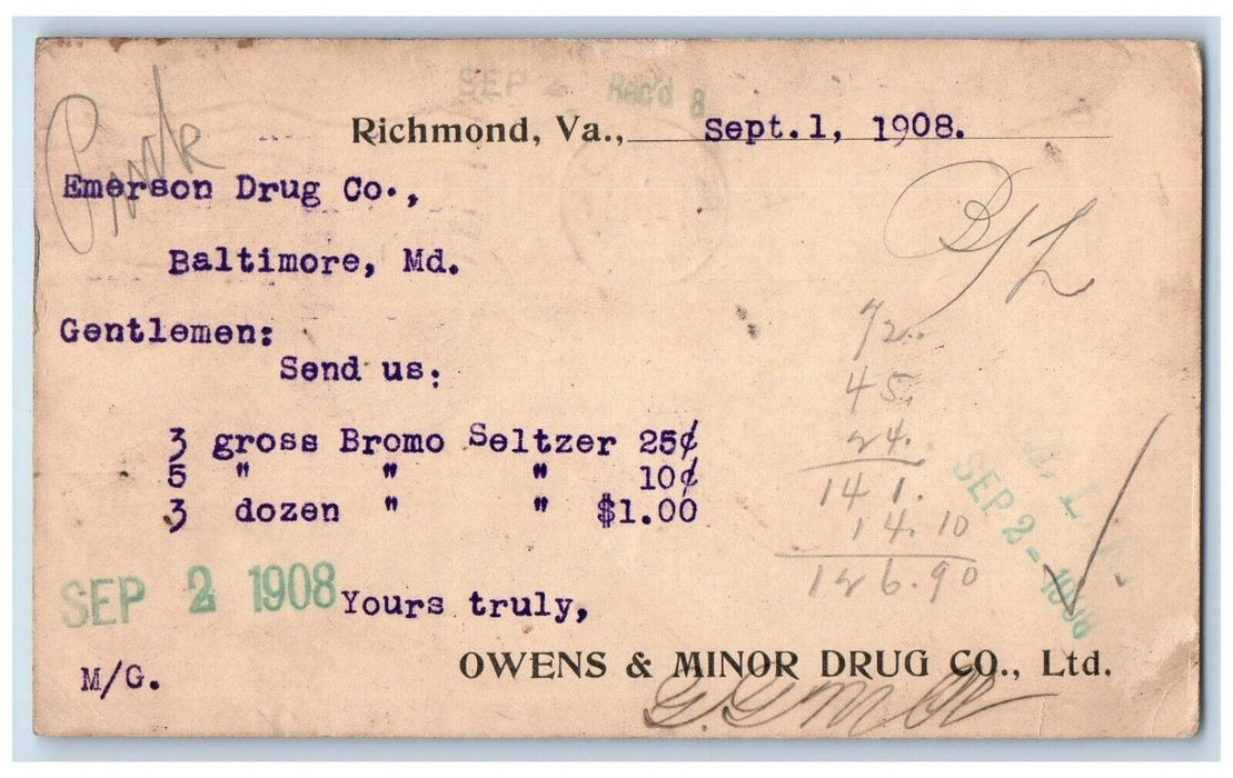 1908 Double Frame Line Emerson Drug Co. Richmond Virginia VA Postal Card