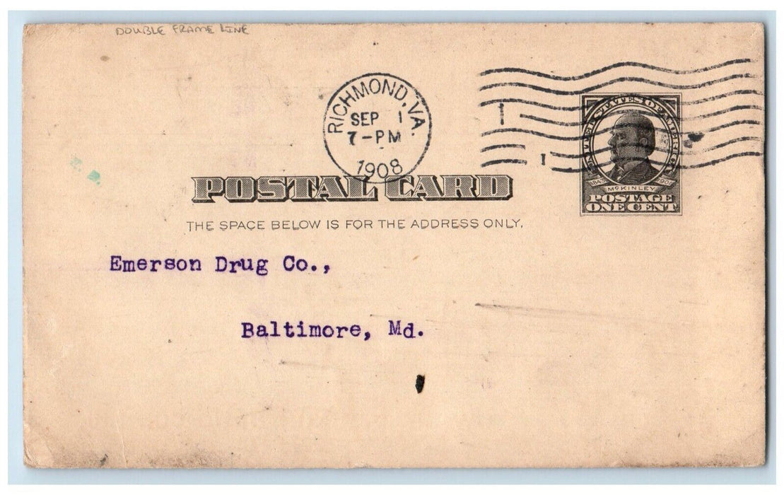 1908 Double Frame Line Emerson Drug Co. Richmond Virginia VA Postal Card