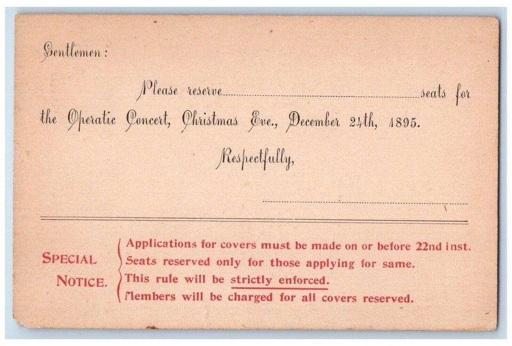 1895 Operatic Concert Christmas Eve Reserve Seat Letter New York NY Postal Card