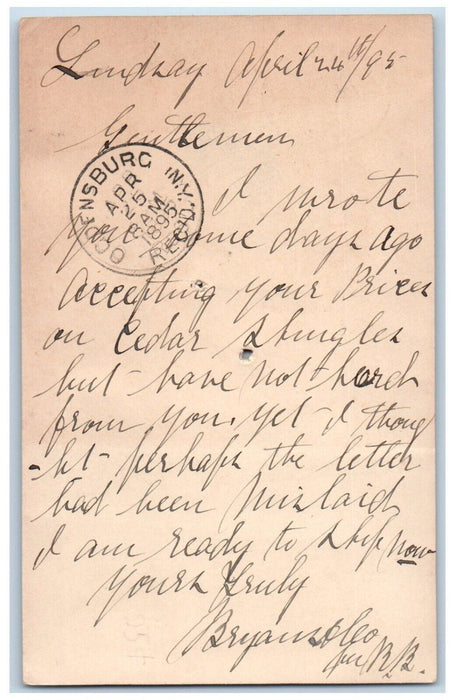 1895 Cedar Shingles Lindsay Ontario Canada Ogdensburg NY Postal Card