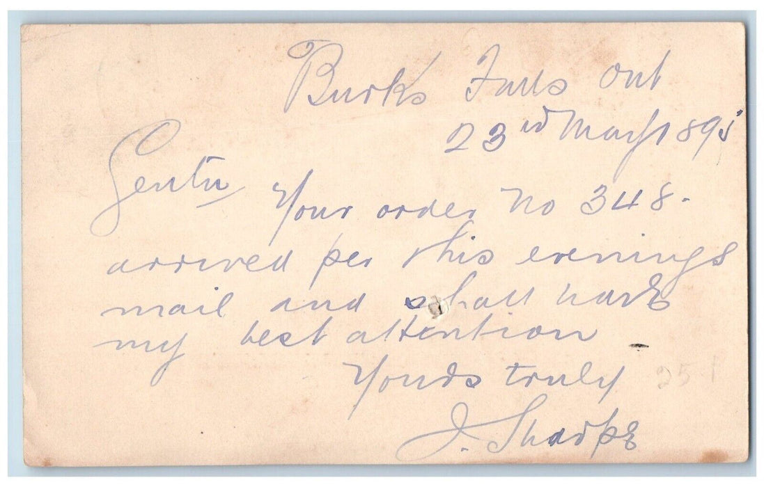 1895 Order No.348 Arrived Burk's Falls Ontario Canada Wolcott NY Postal Card
