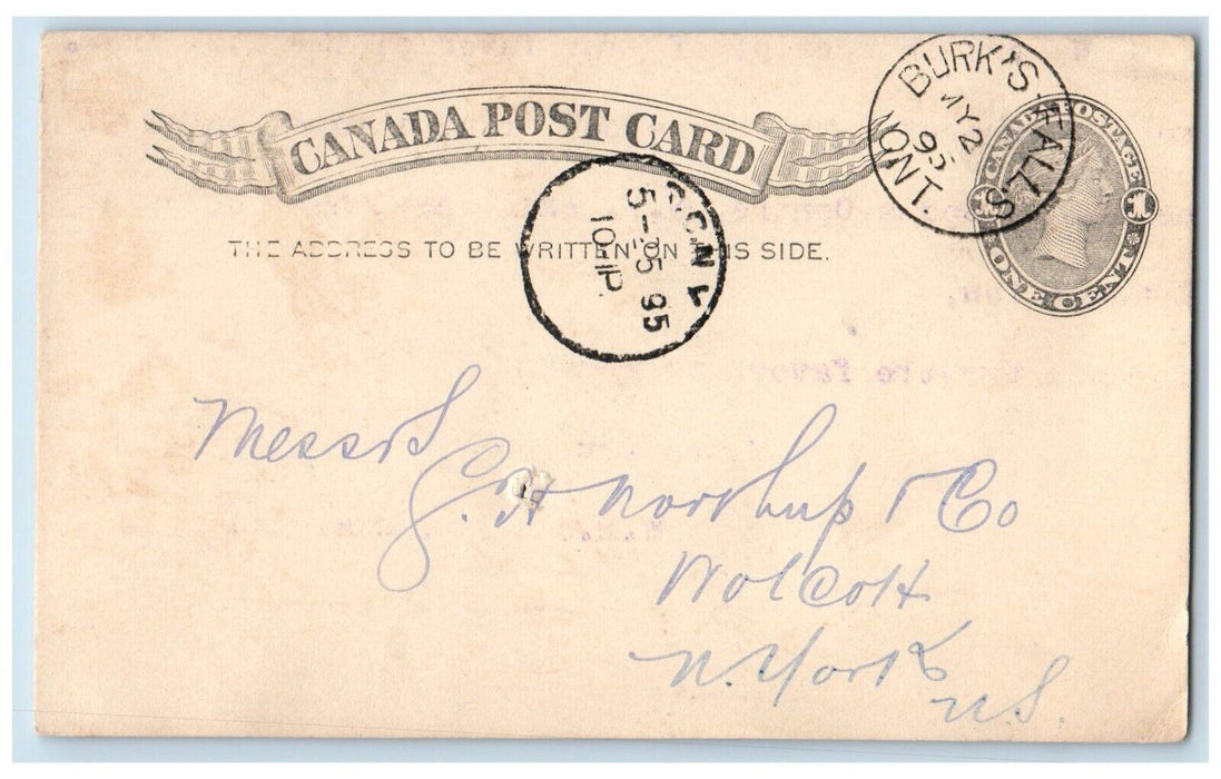 1895 Order No.348 Arrived Burk's Falls Ontario Canada Wolcott NY Postal Card