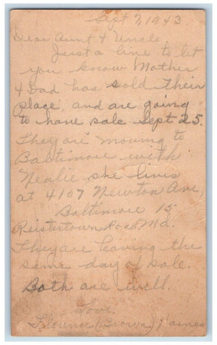 1943 Letter to Auntie and Uncle Sold Place Dickerson Maryland MD Postal Card