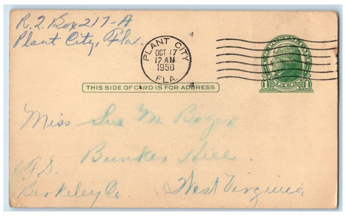 1950 Letter from Nancy Sick from Trip Plant City Florida FL WV Postal Card