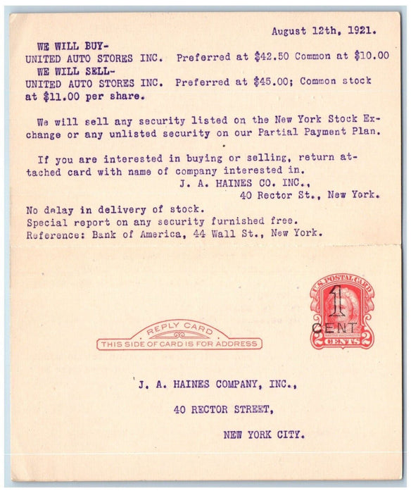 1921 We Buy Sell J.A. Haines Co. Inc New York City NY Washington DC Postal Card