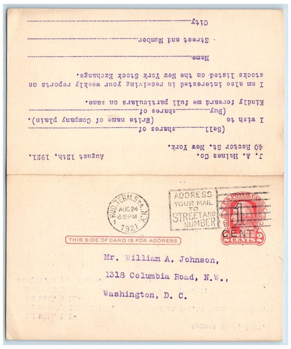 1921 We Buy Sell J.A. Haines Co. Inc New York City NY Washington DC Postal Card