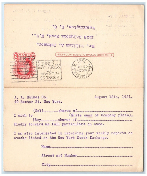 1921 We Buy Sell J.A. Haines Co. Inc New York City NY Washington DC Postal Card