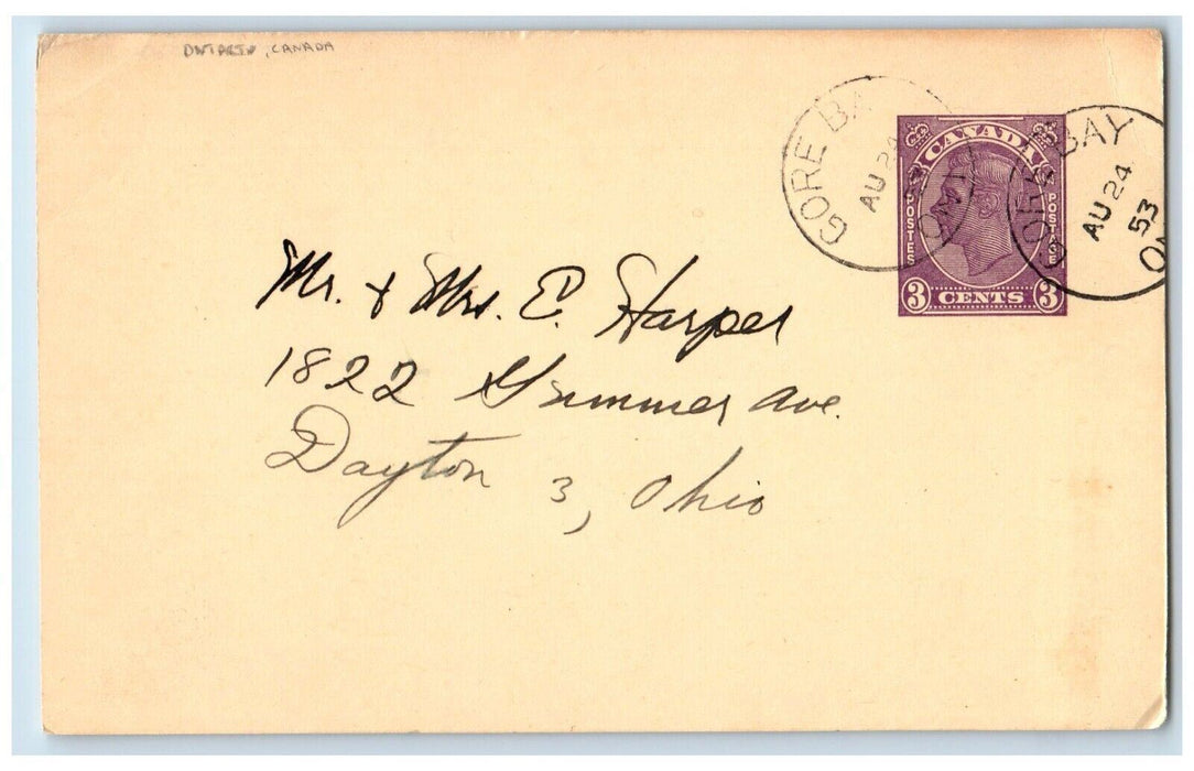 1953 Letter to Mom and Dad In Cabin at 6:15 Ontario Canada Dayton OH Postal Card