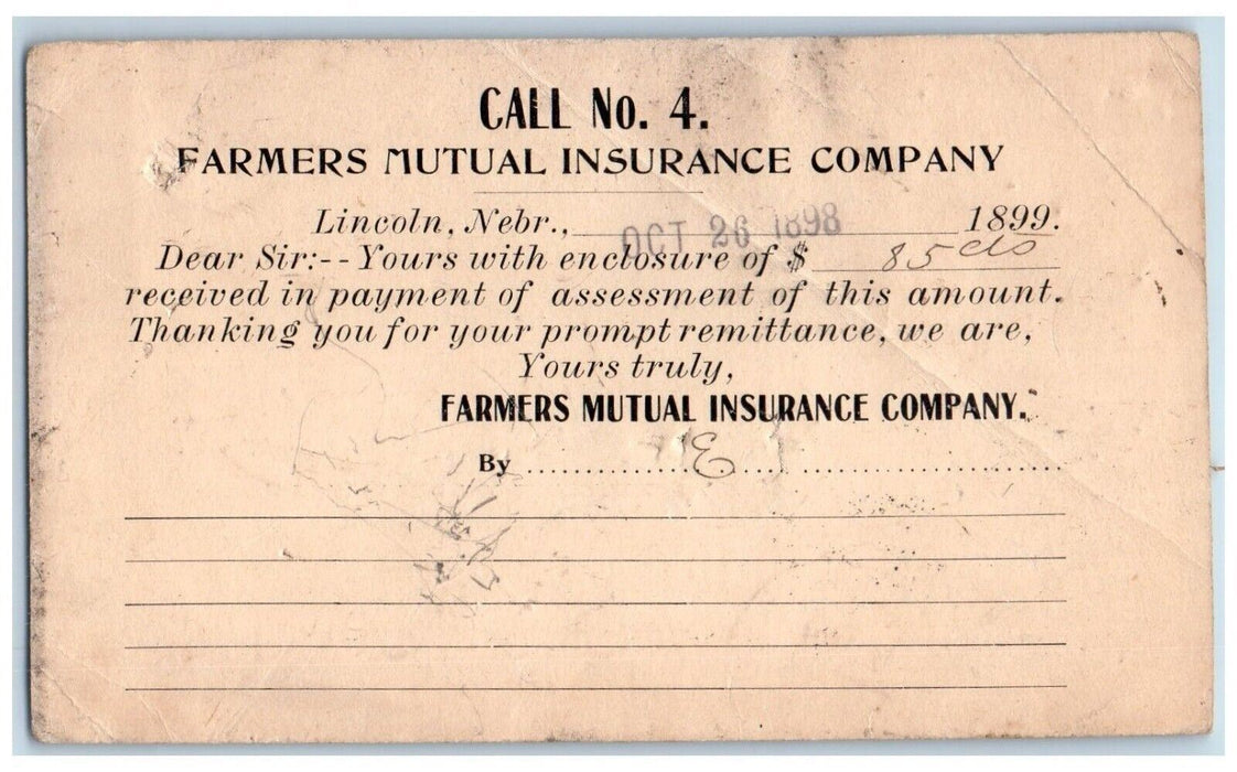 1898 Call No. 4 Farmers Mutual Insurance Company Lincoln Nebraska NE Postal Card