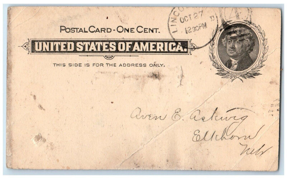 1898 Call No. 4 Farmers Mutual Insurance Company Lincoln Nebraska NE Postal Card