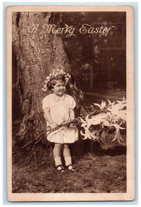 c1910's Merry Easter Little Girl Holding Lilies Flowers Antique Postcard