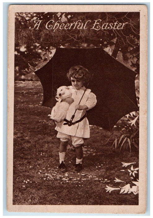 c1910's Cheerful Easter Little Girl Umbrella Rabbit Unposted Antique Postcard